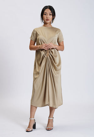 Riyadh Satin Drapery Dress Wanita - Gold